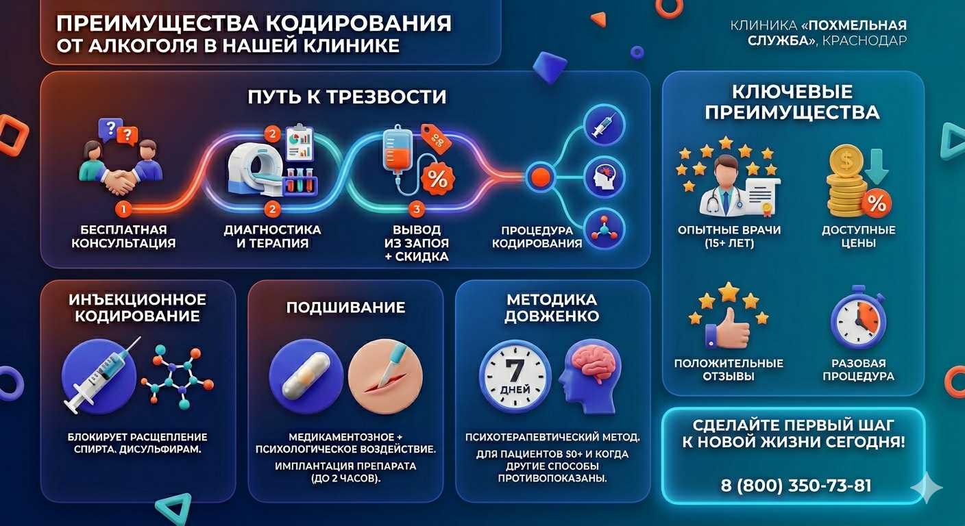 Инфографика о методах кодирования от алкоголя в Енакиево: инъекции, подшивание, метод Довженко. Преимущества клиники и этапы лечения.