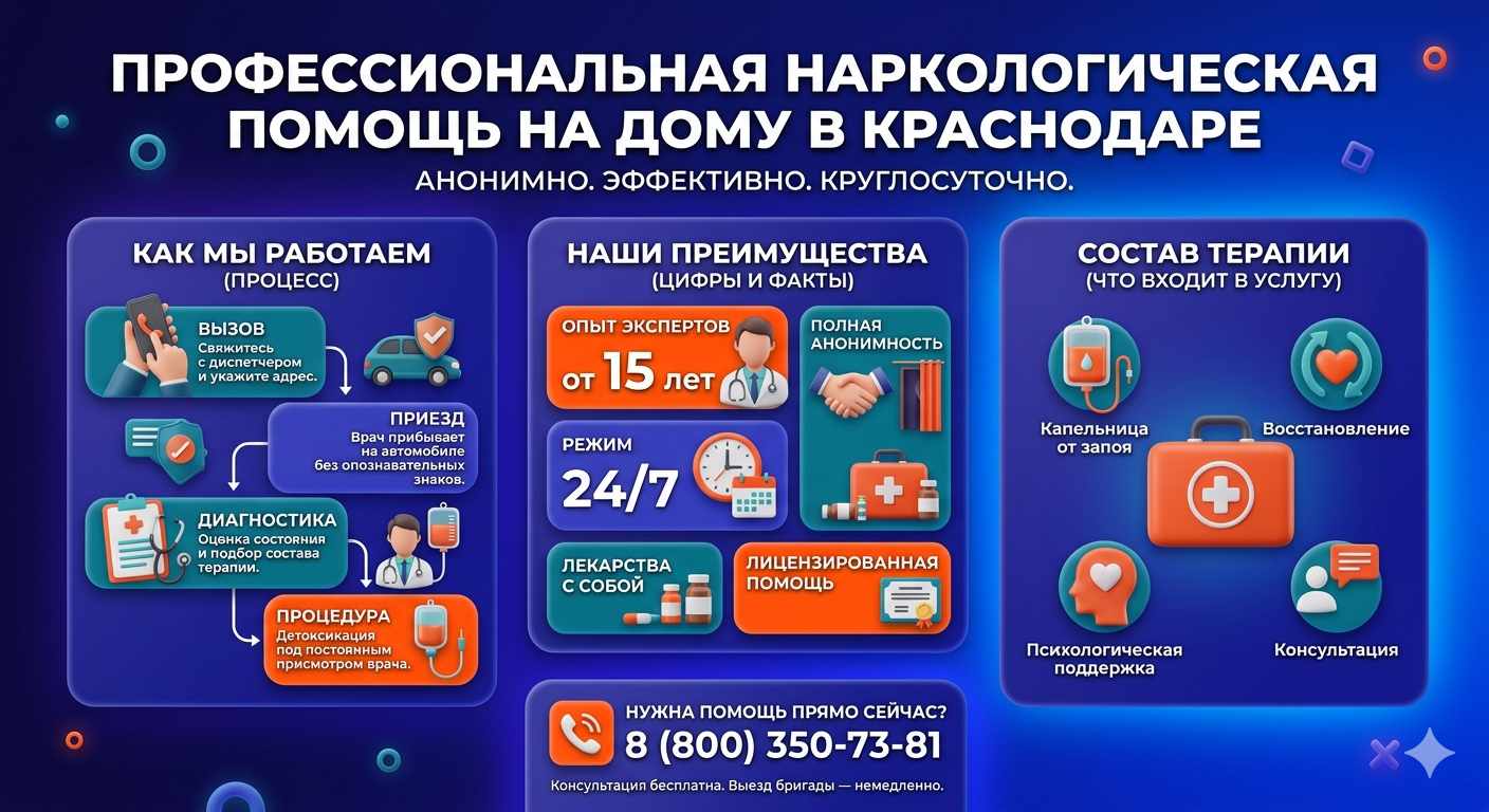 Инфографика о принципах лечения алкоголизма на дому в Енакиево: этапы вызова нарколога, преимущества анонимной детоксикации и состав медицинской помощи.